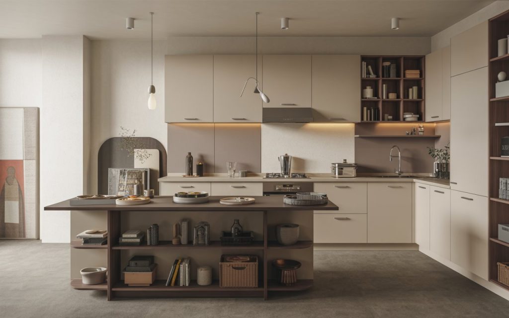 kitchen island with open shelf storage underneath