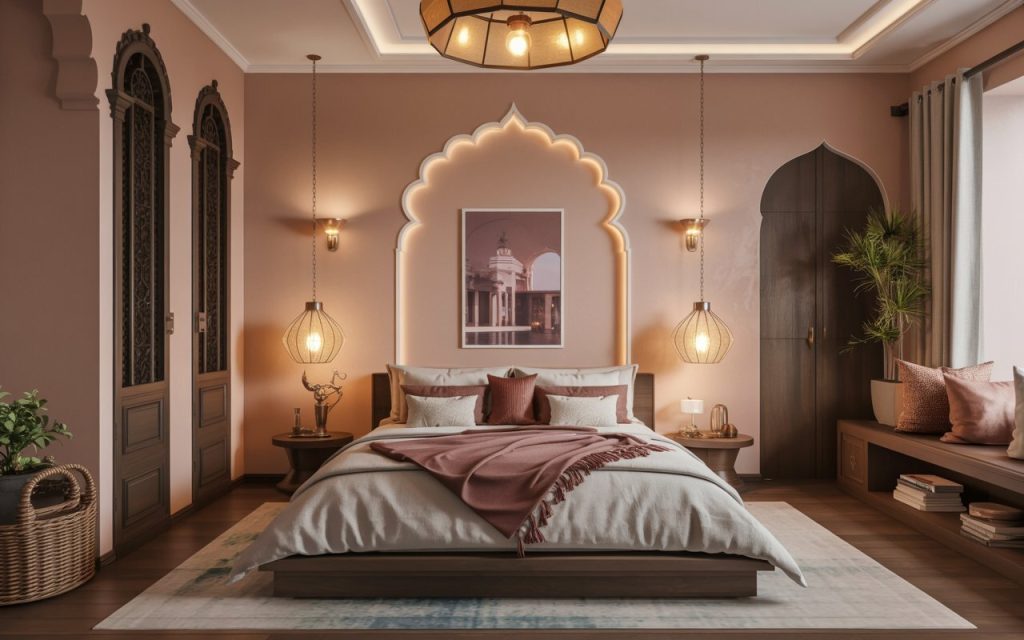 low floor bed design India traditional arch bedroom