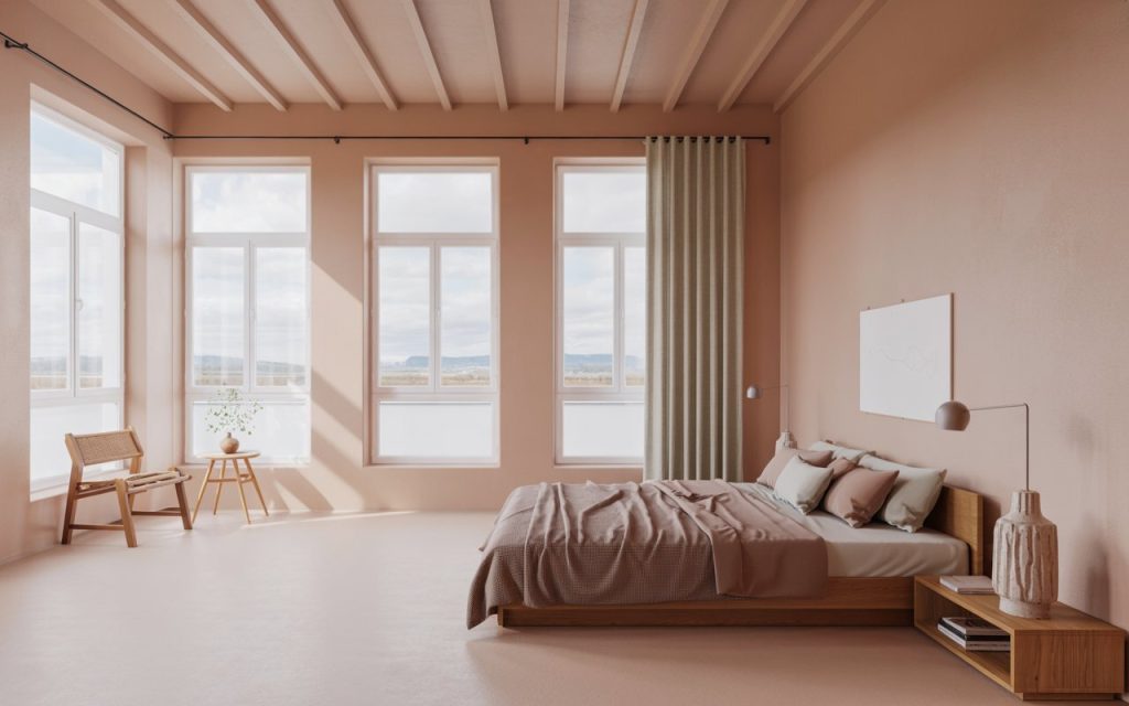  low floor bed design terracotta warm toned bedroom