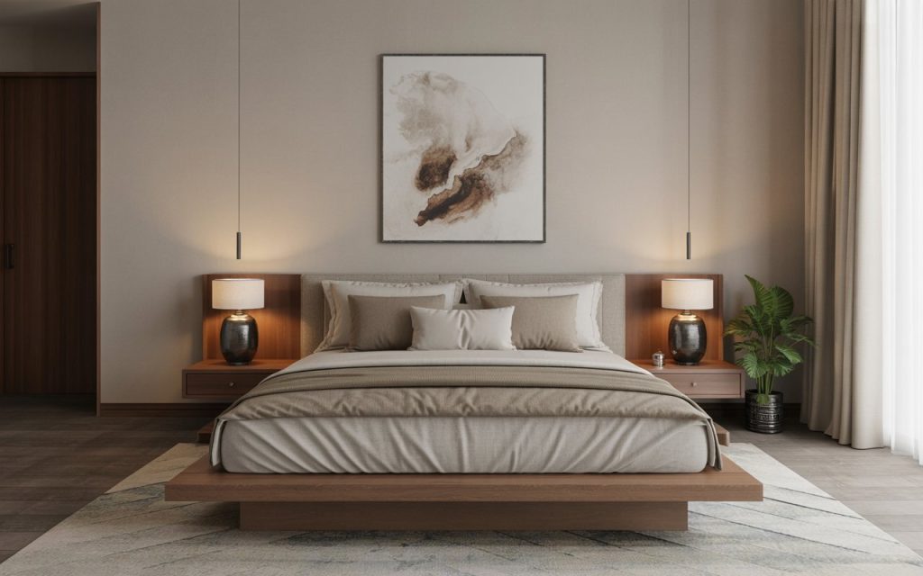 low floor double bed wooden platform neutral bedroom