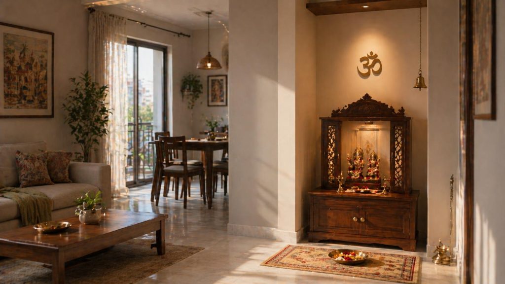 altar design for house corner niche Om symbol