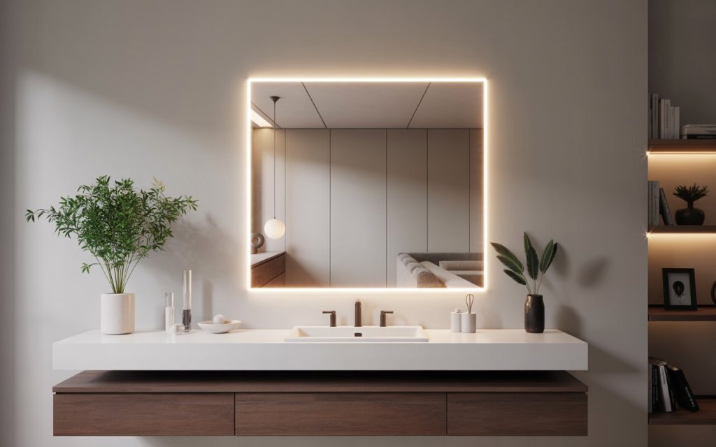 square backlit mirror design with lights bathroom