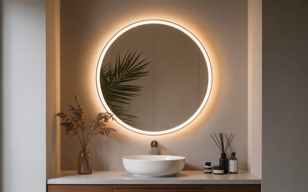 circular backlit light mirror design bathroom halo