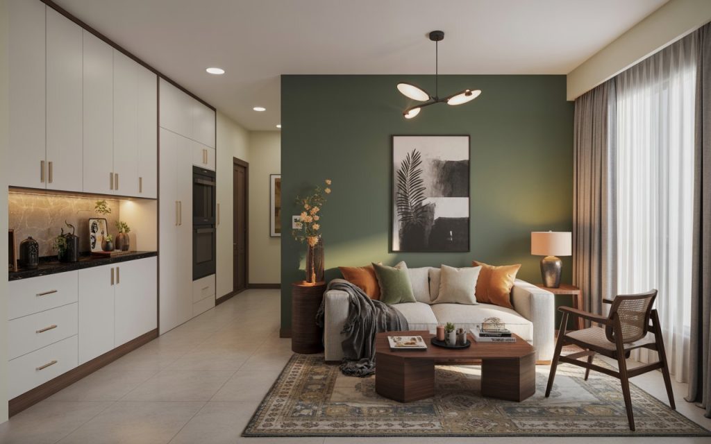  emerald green accent wall open-plan interior design Patna