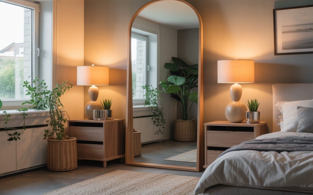 full length arched light mirror design warm bedroom