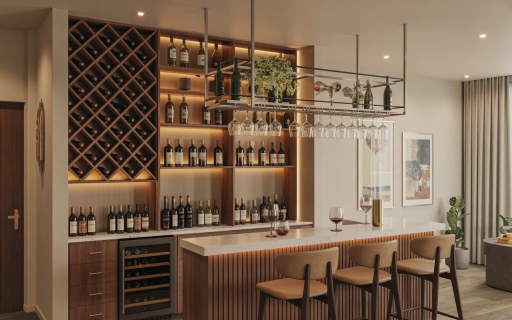  home bar wine rack with hanging wine glass holder