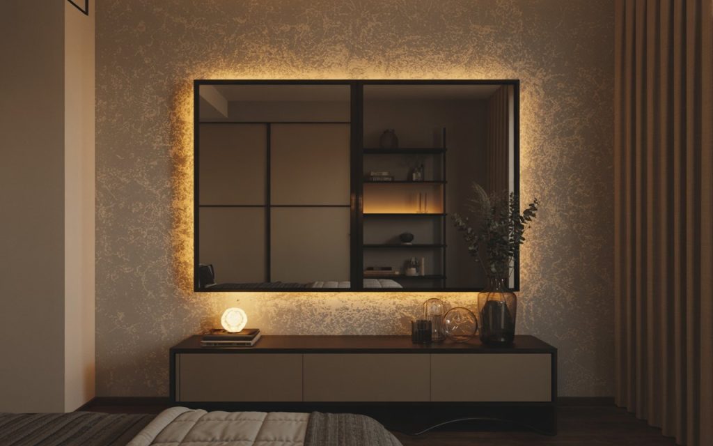 industrial halo light mirror design black frame bedroom
