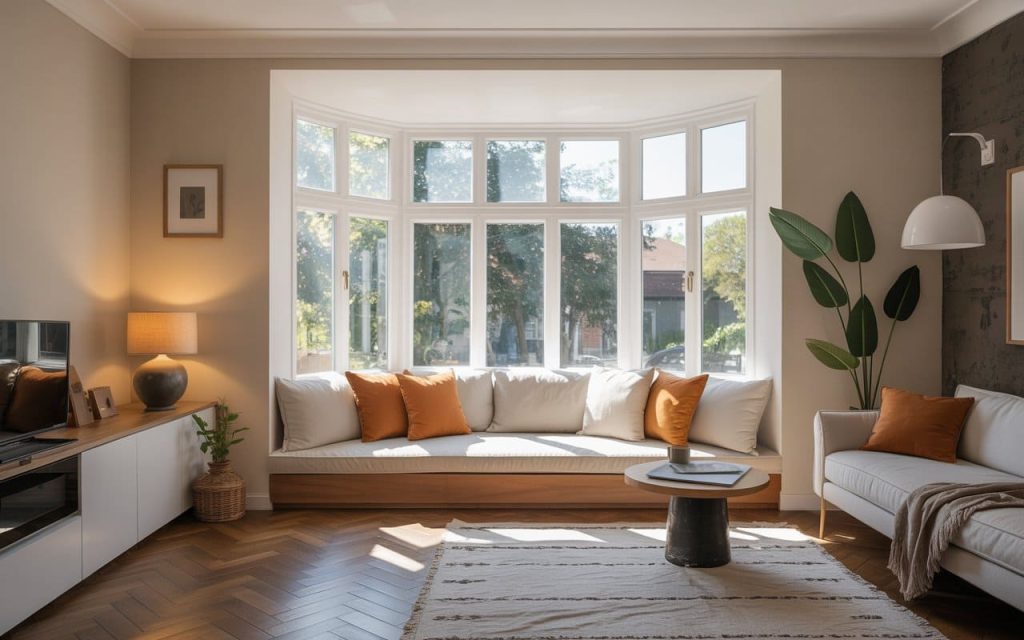 Bay window built-in seating with storage and cushions