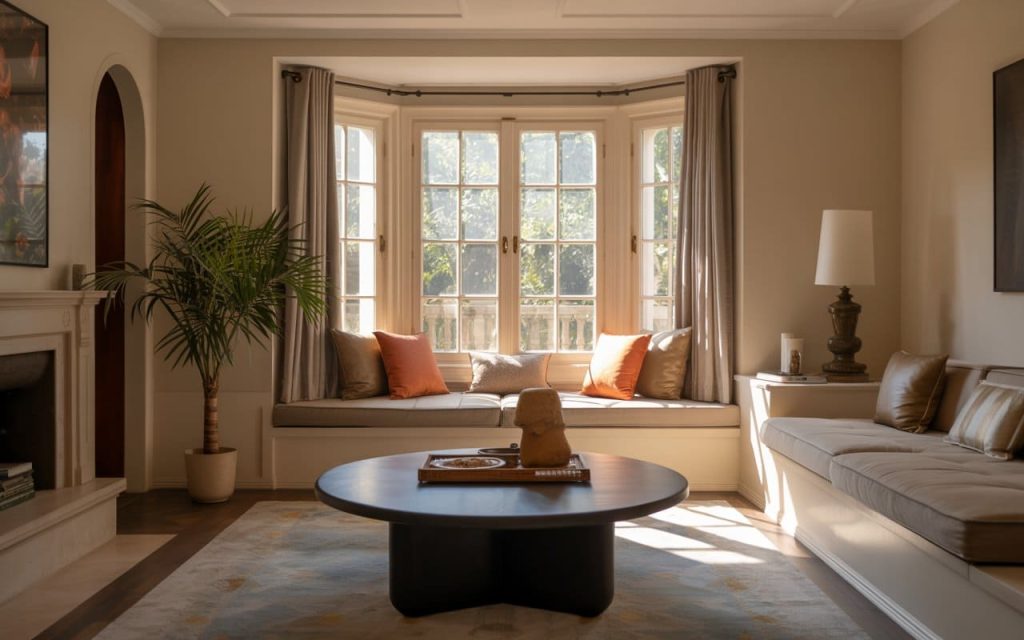 Bay window designs with built-in seating in living room