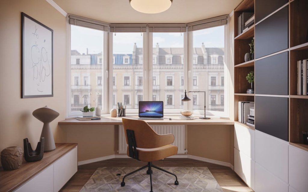 Bay window home office desk with natural light workspace