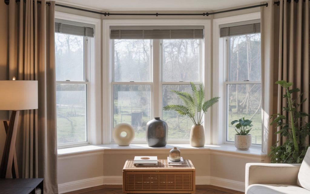 Bay window styling with decorative plants and vases