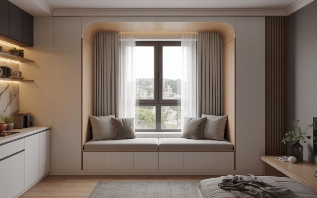 Bedroom bay window designs with built-in bench storage