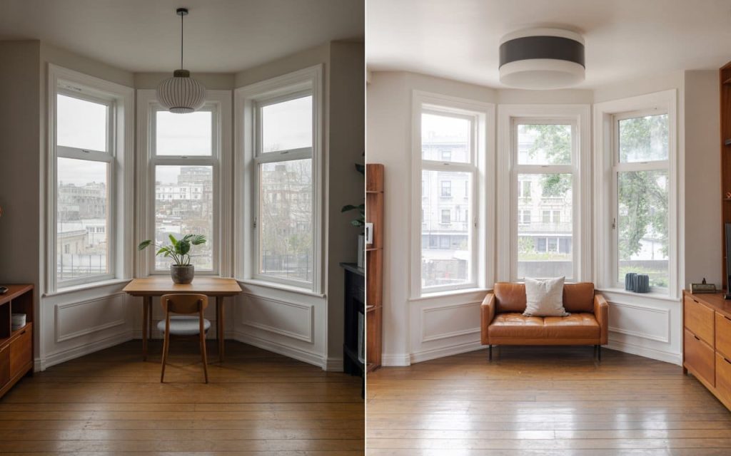 Box bay window designs with desk and seating ideas