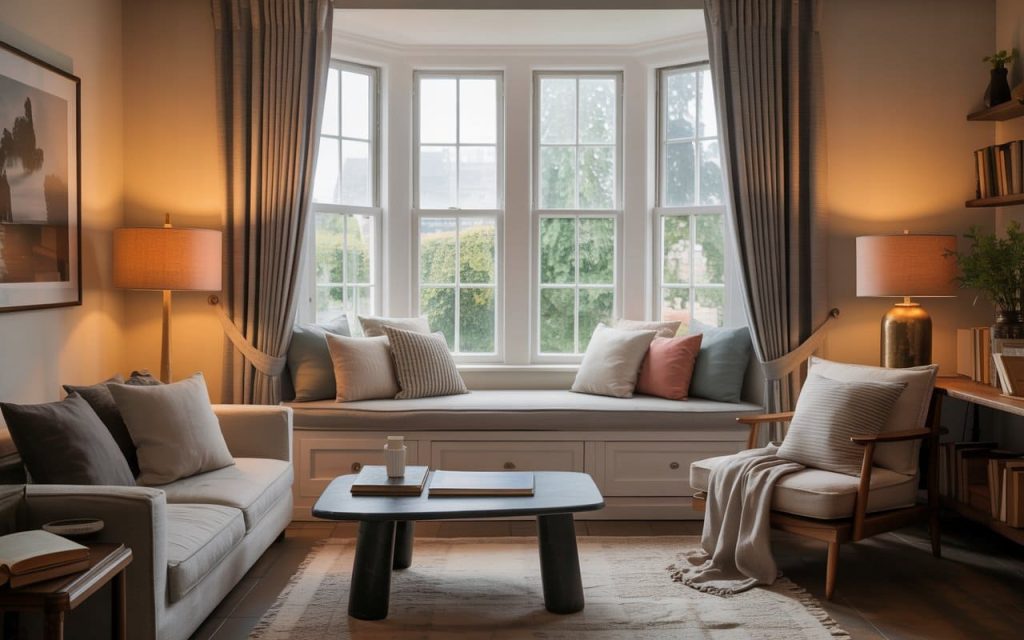 Cosy bay window reading nook with cushioned window seat