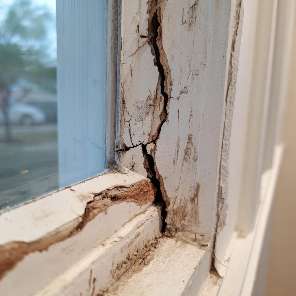 Termite damage wood window frame India interiors