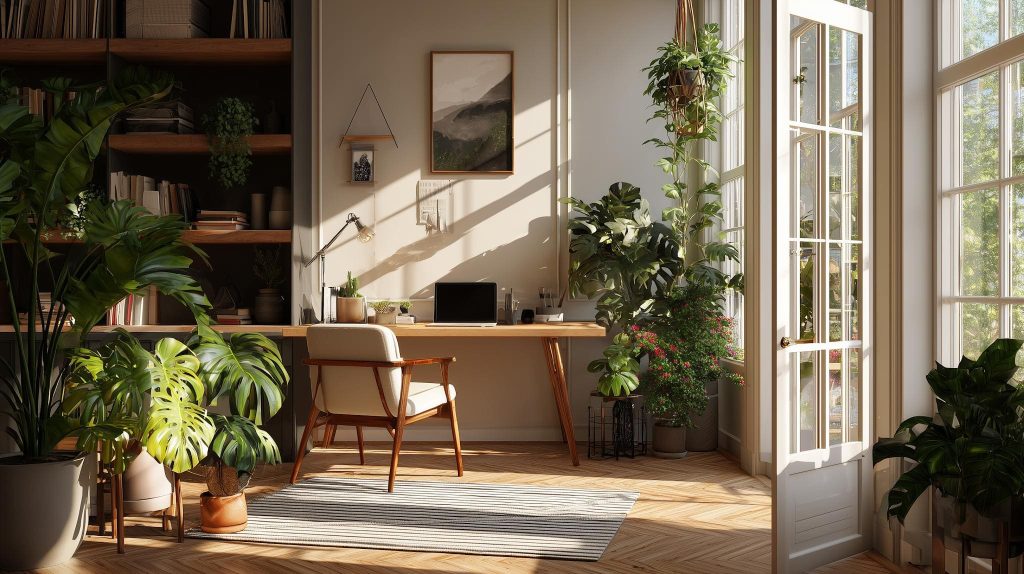 Vastu home office with plants and natural sunlight