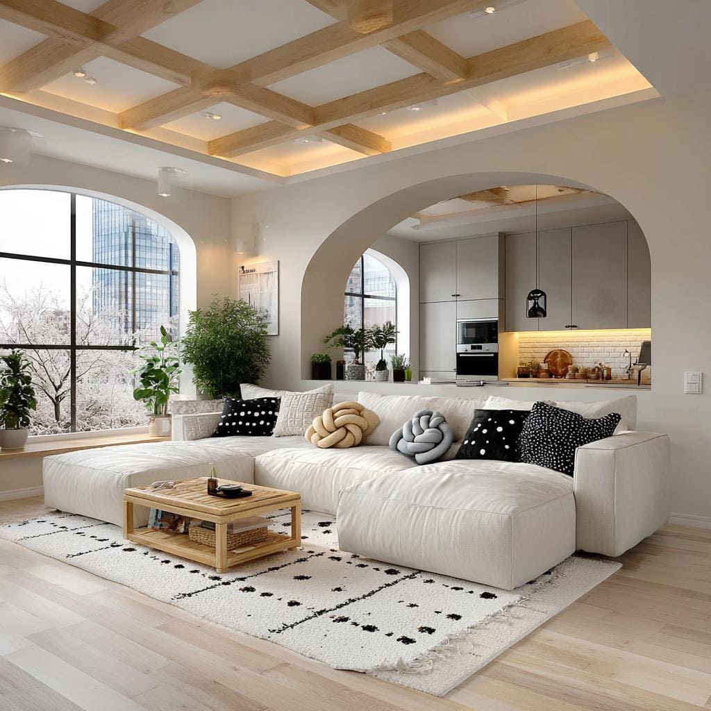 Wood grid false ceiling design hall India living room