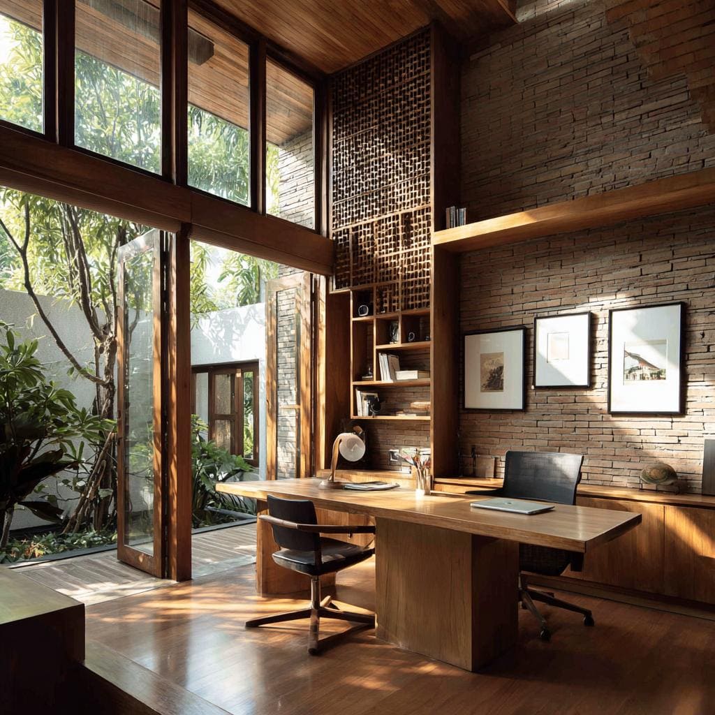 Home office with brick wall, wood desk, natural ventilation