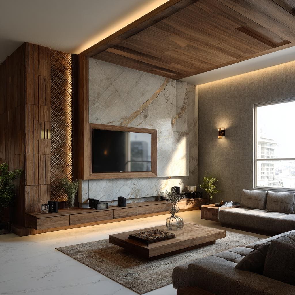 Wood false ceiling design living room India cove light