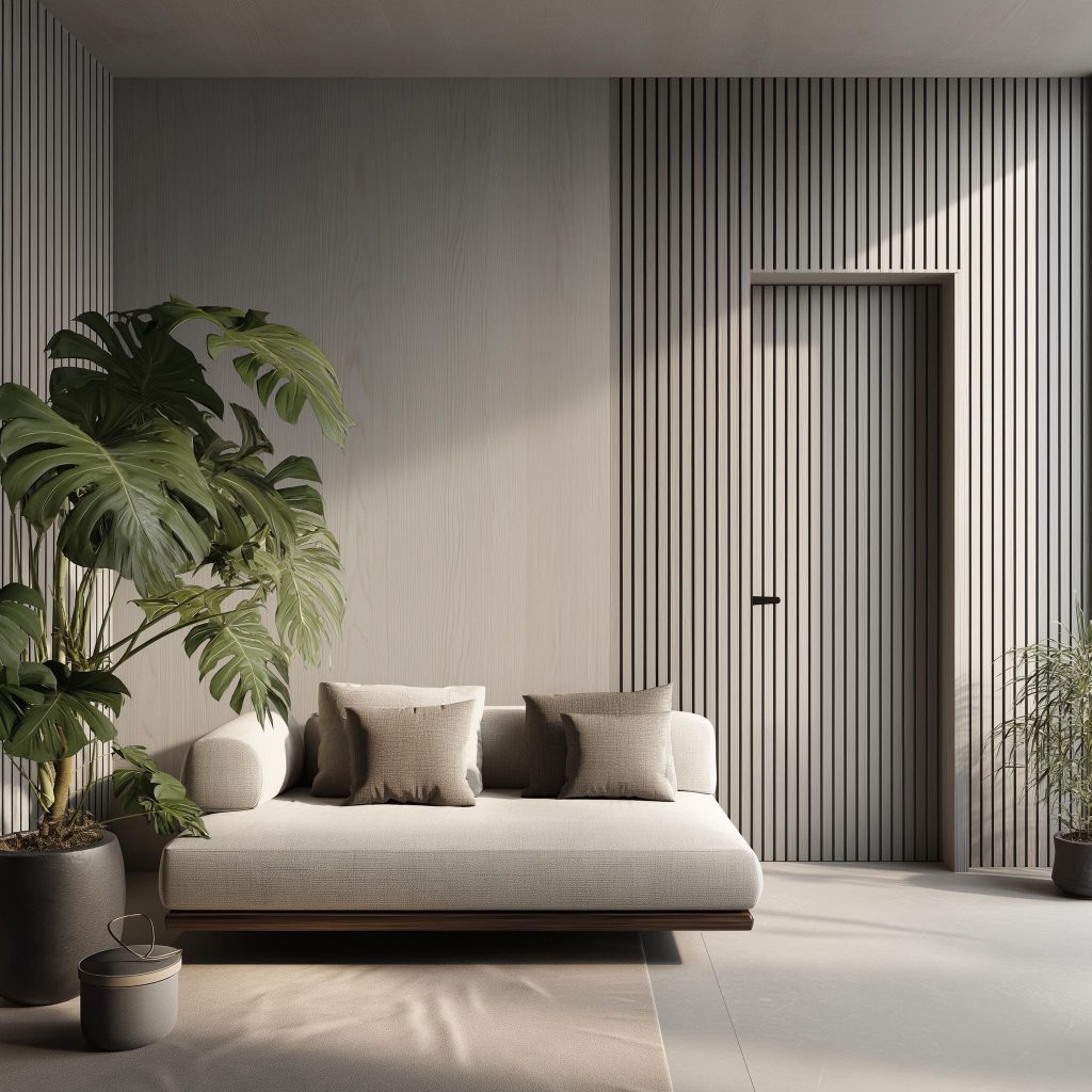 Simple grey fluted panel wall design living room