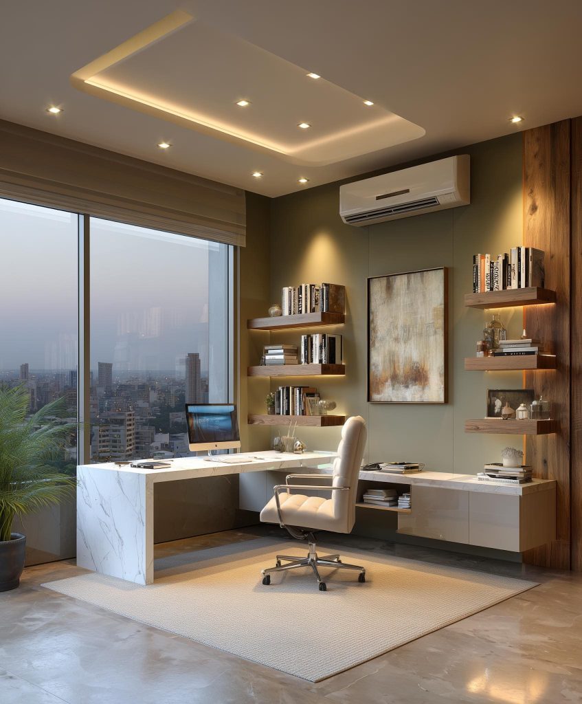 Vastu home office marble desk with city window view