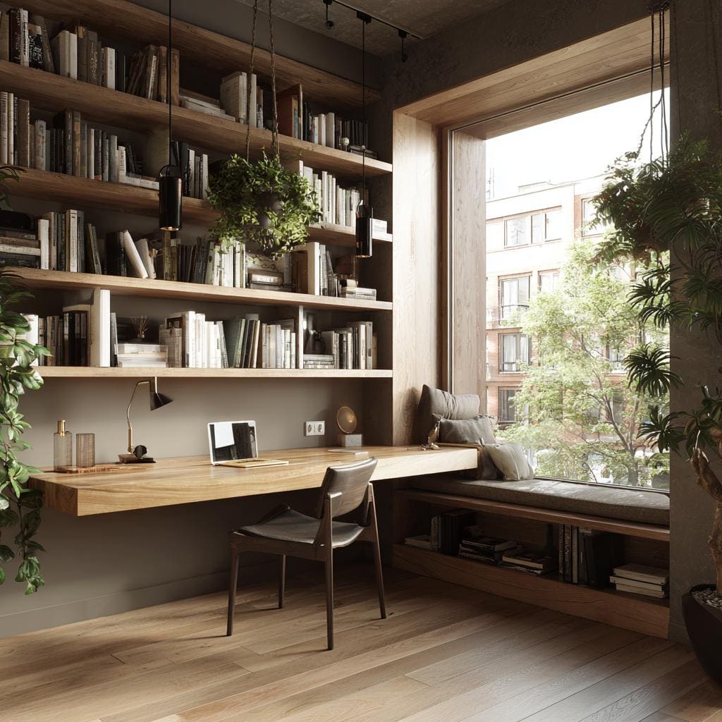 Vastu home office sitting position with shelves and window