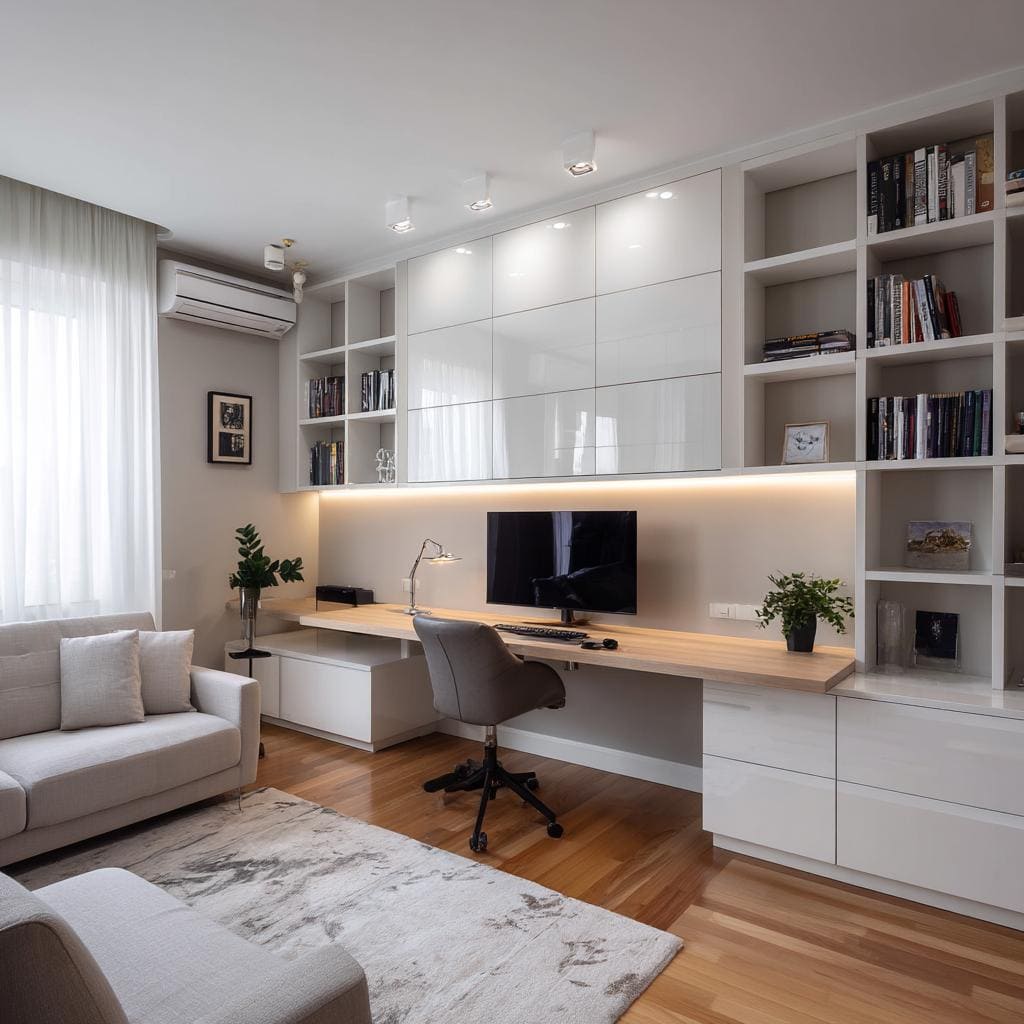 Vastu home office with white desk and wall shelves