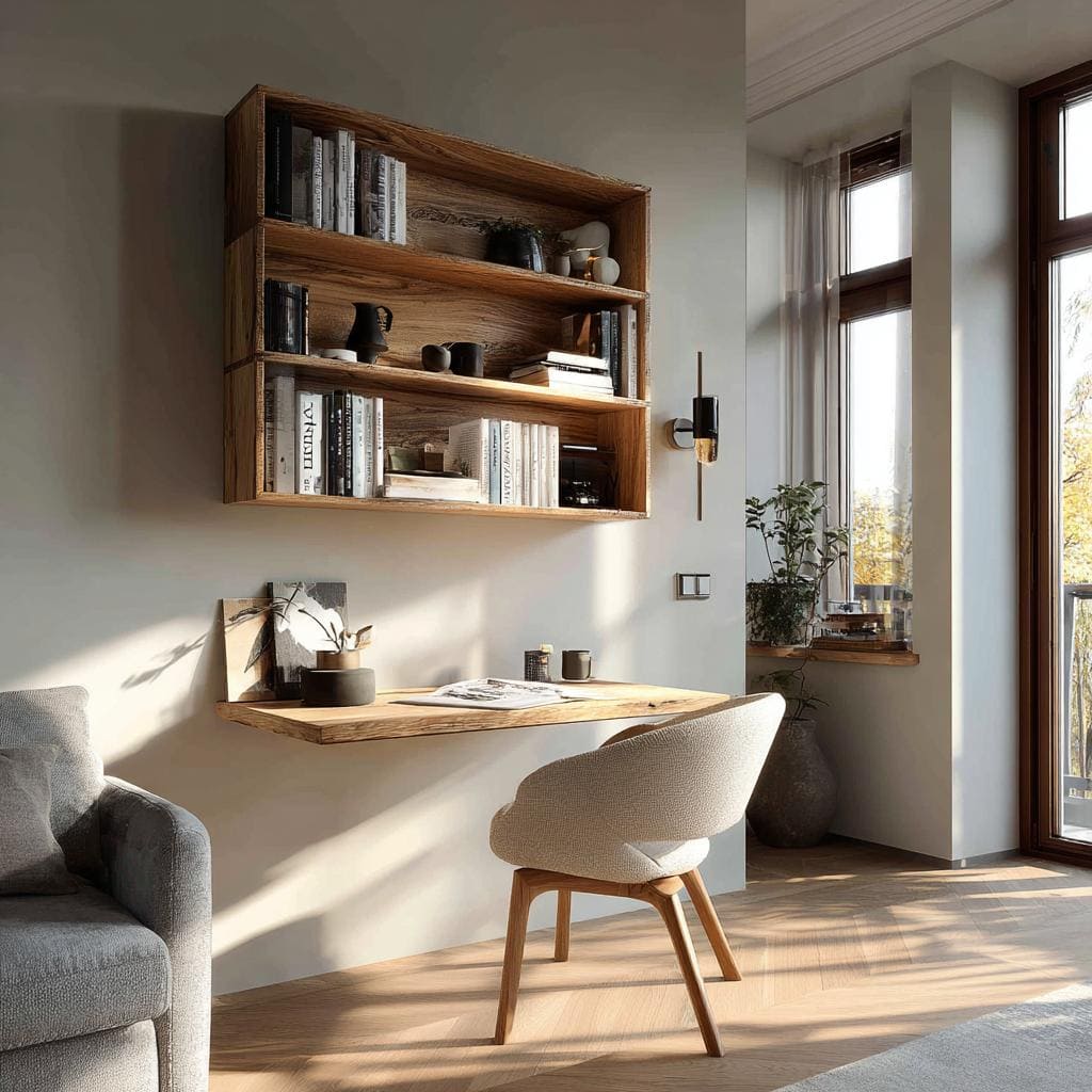 Small Vastu home office with floating desk and shelves