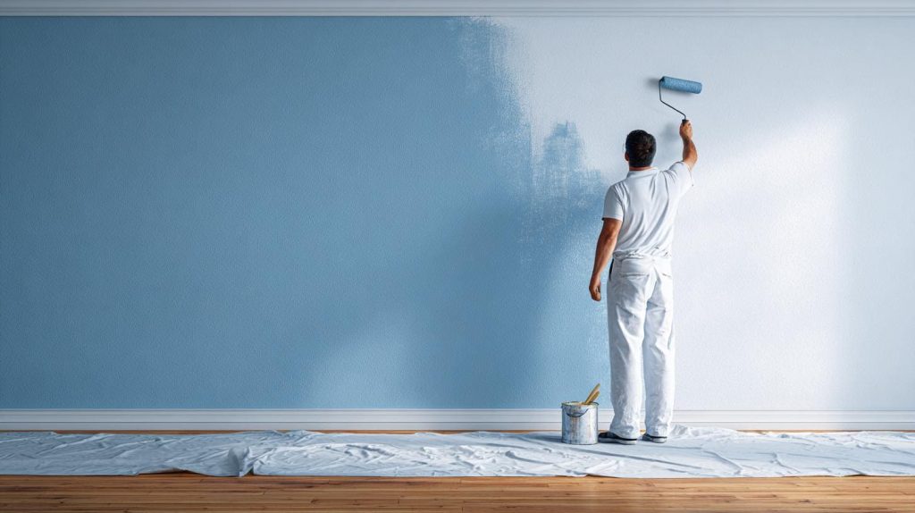 Painter rolling satin paint finish on wall
