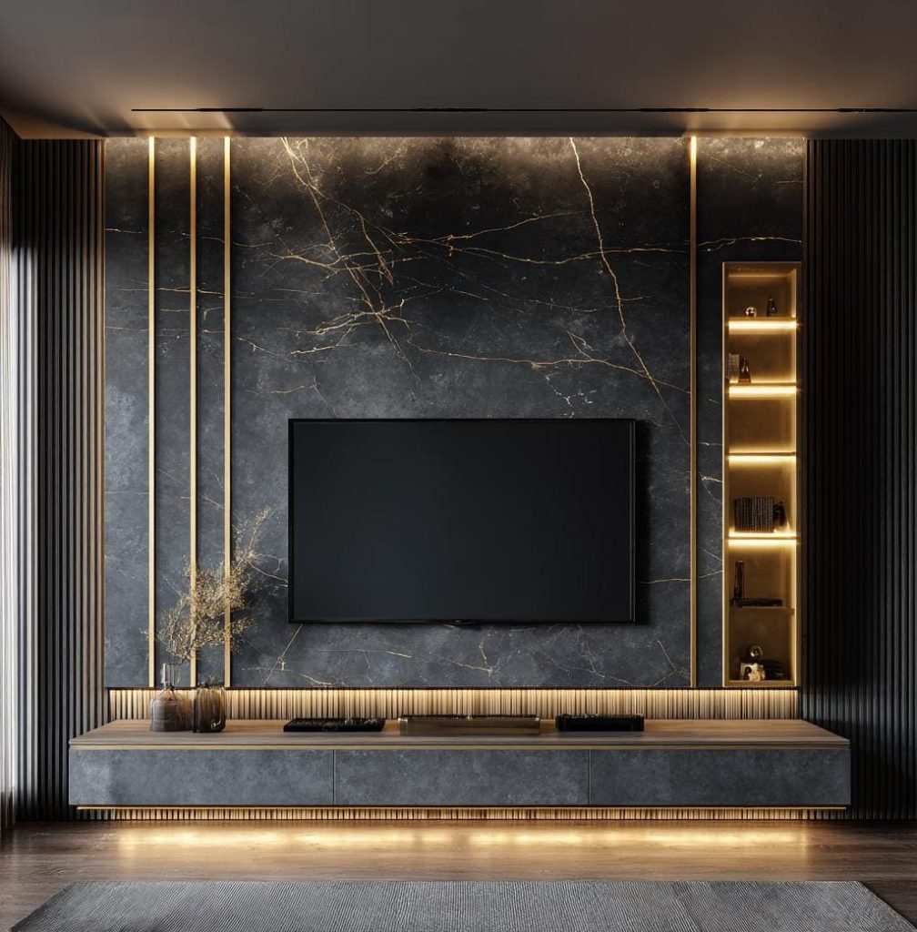 Dark PVC marble sheet feature wall TV unit