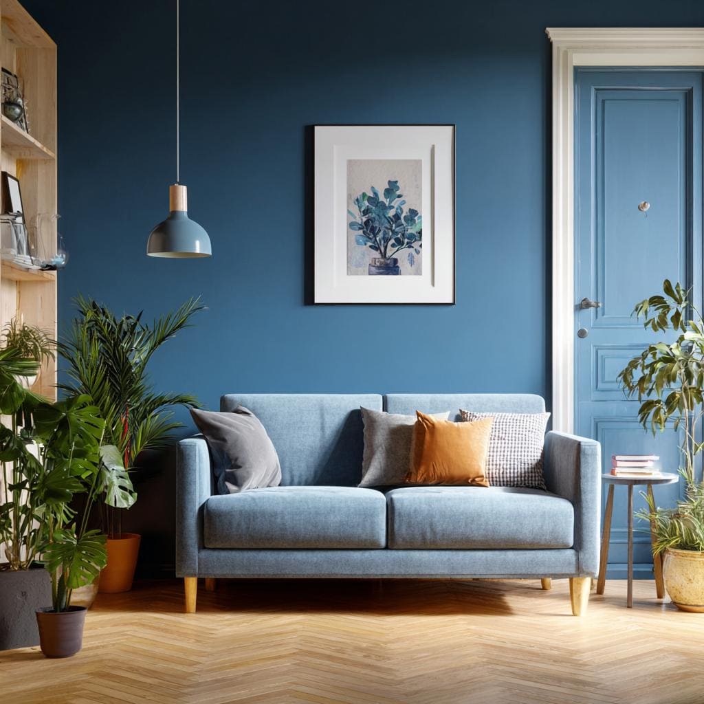 Blue satin paint finish in modern living room
