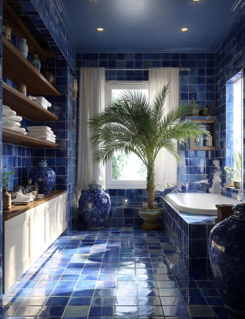 Blue satin finish tiles in bathroom walls