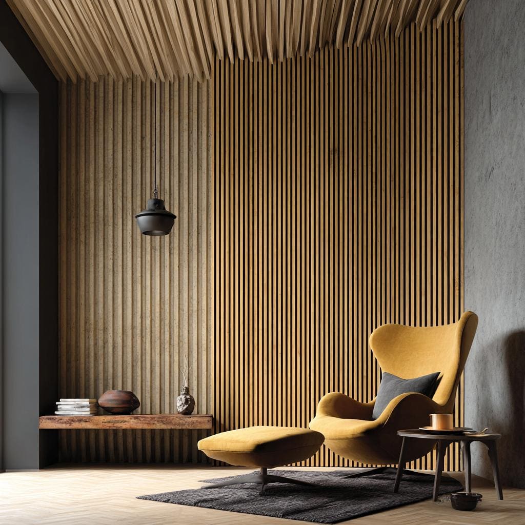 Wood fluted panel wall design modern living room