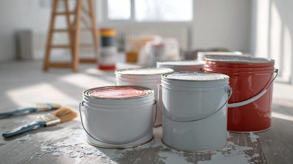 Paint cans and brushes for interior painting