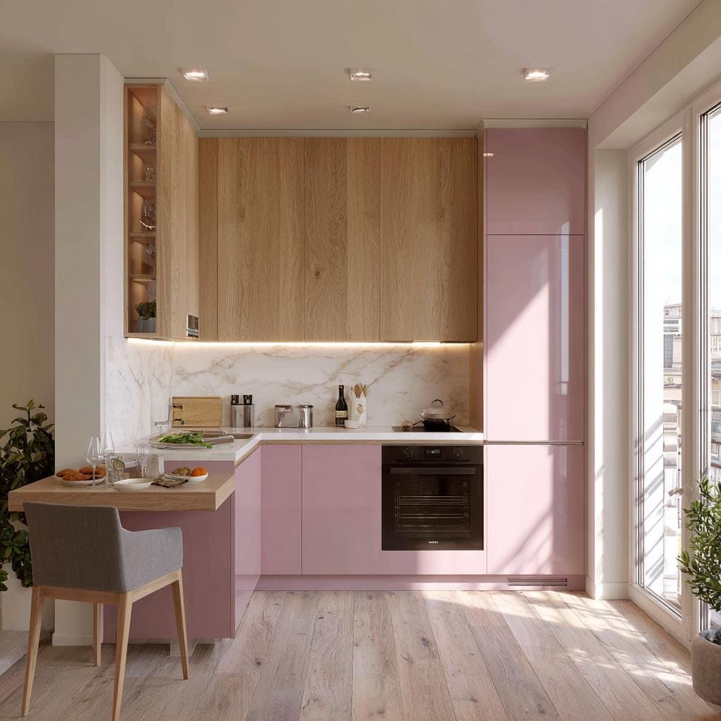 Pink high pressure laminate kitchen cabinets