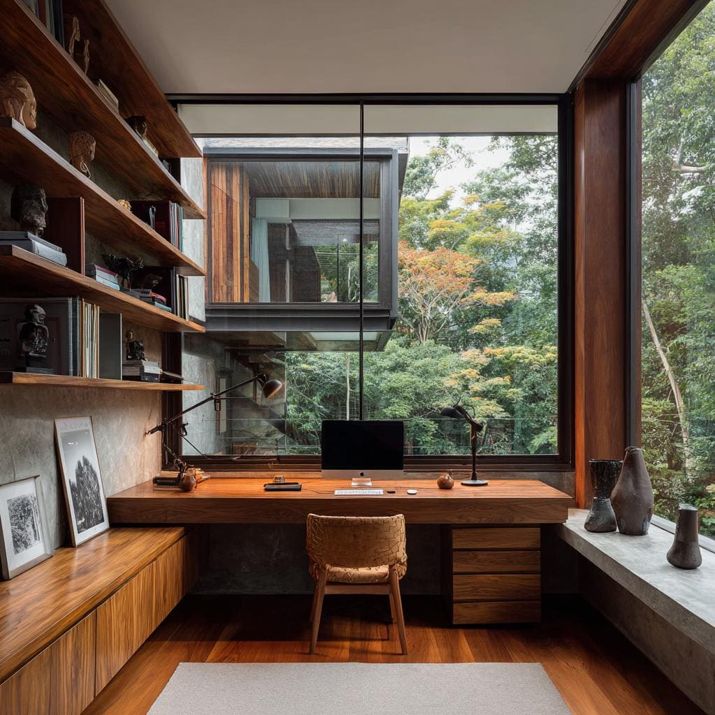  Wooden home office desk with natural light and greenery