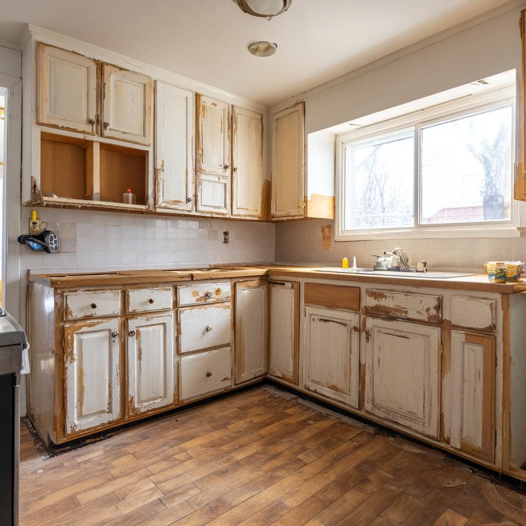 Humidity damage kitchen cabinets peeling interiors India