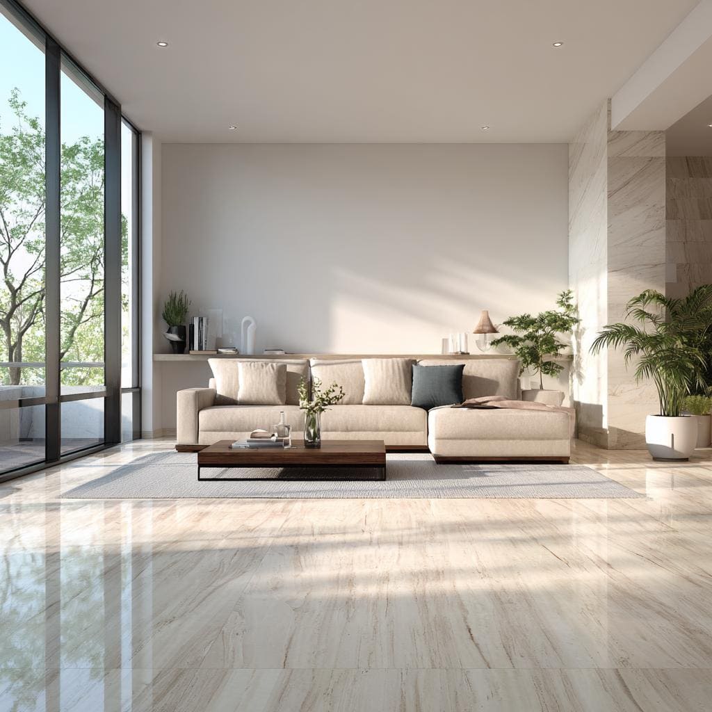 Humidity proof vitrified tile flooring India living room