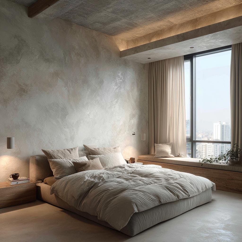 Microcement flooring bedroom India neutral minimal design