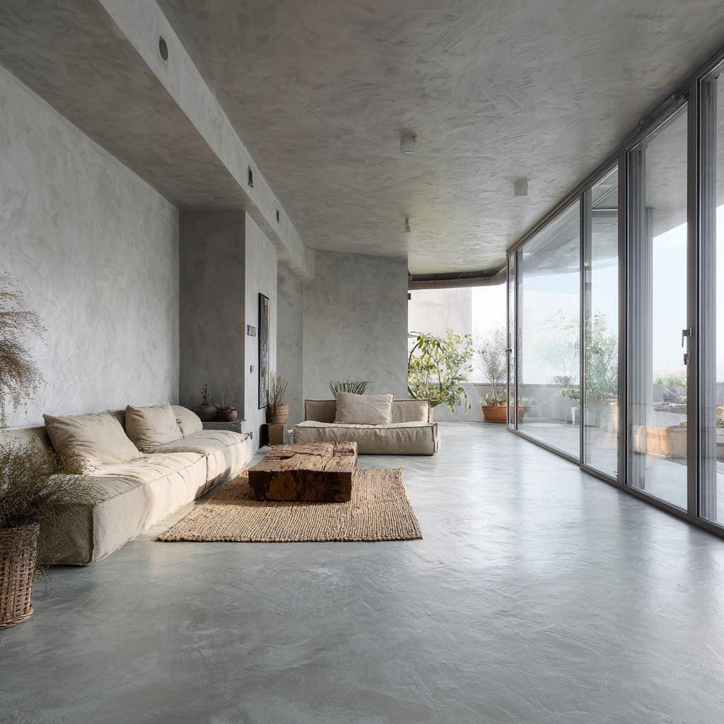 Microcement flooring living room India seamless grey