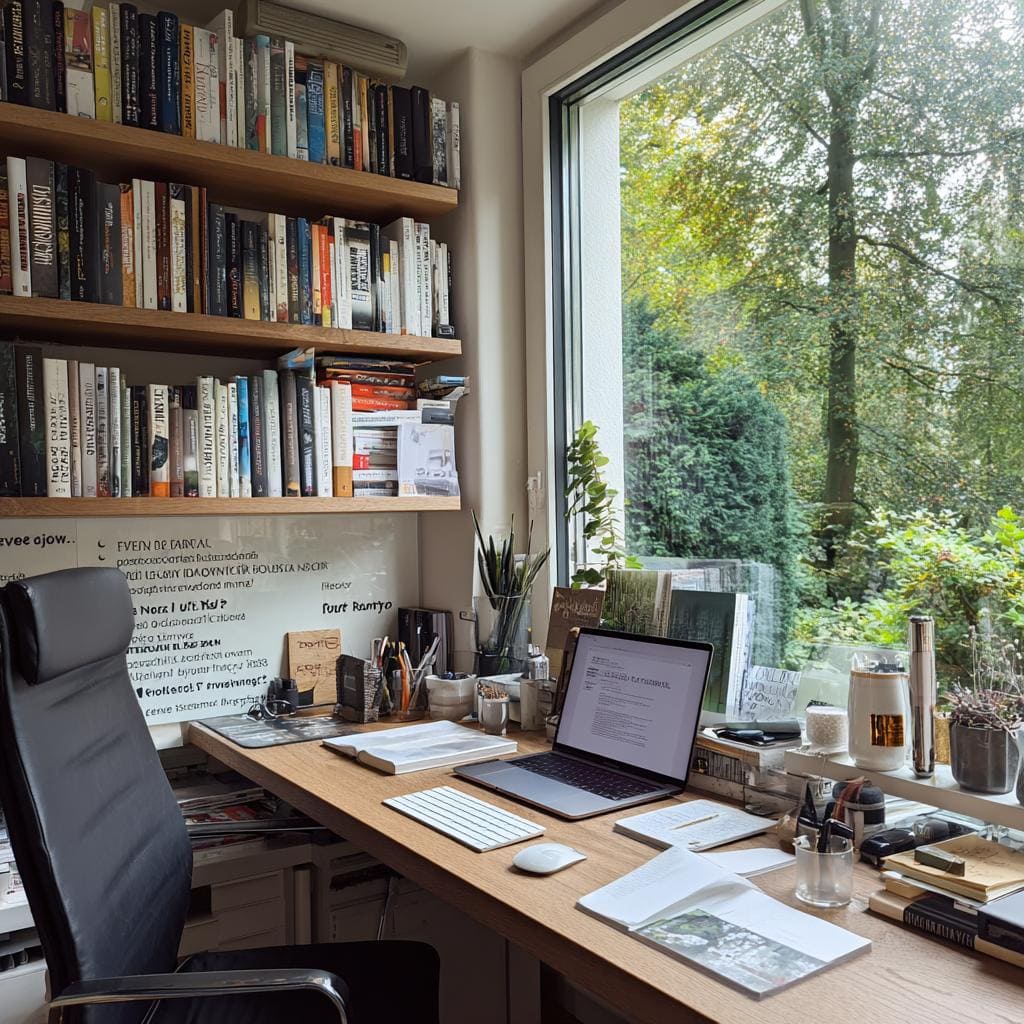 Home office desk by window with bookshelves and greenery