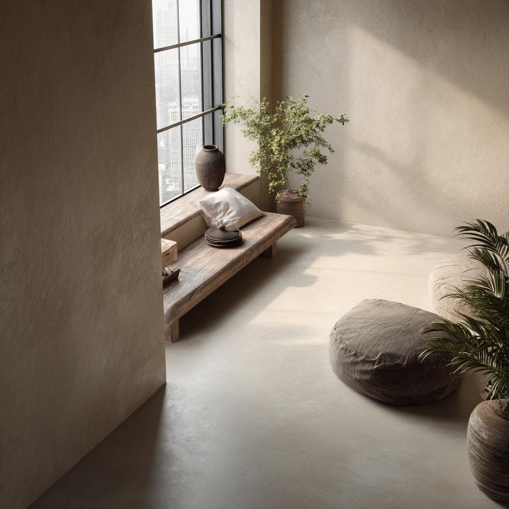  Beige matte microcement flooring India modern room