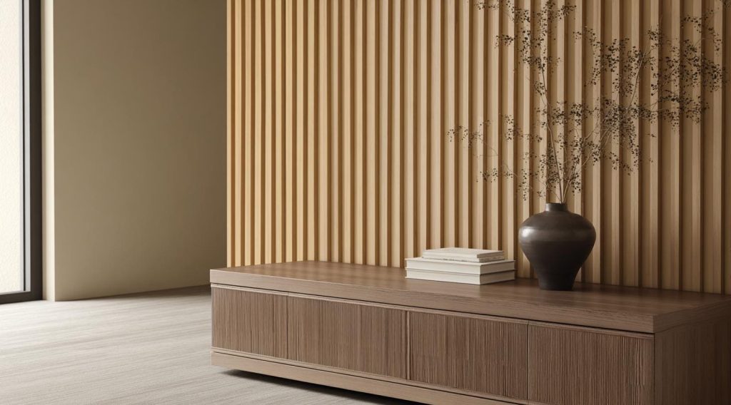 Wood tone fluted panel wall design entryway India