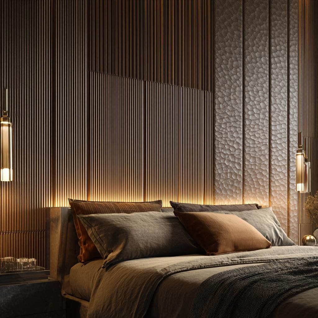  Dark fluted panel bedroom feature wall with lighting