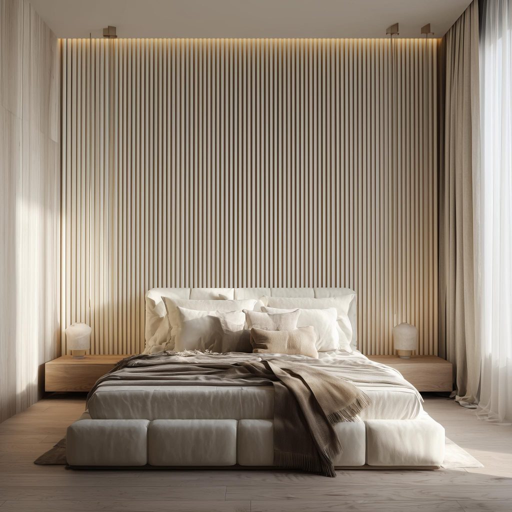  Beige fluted panel bedroom wall design