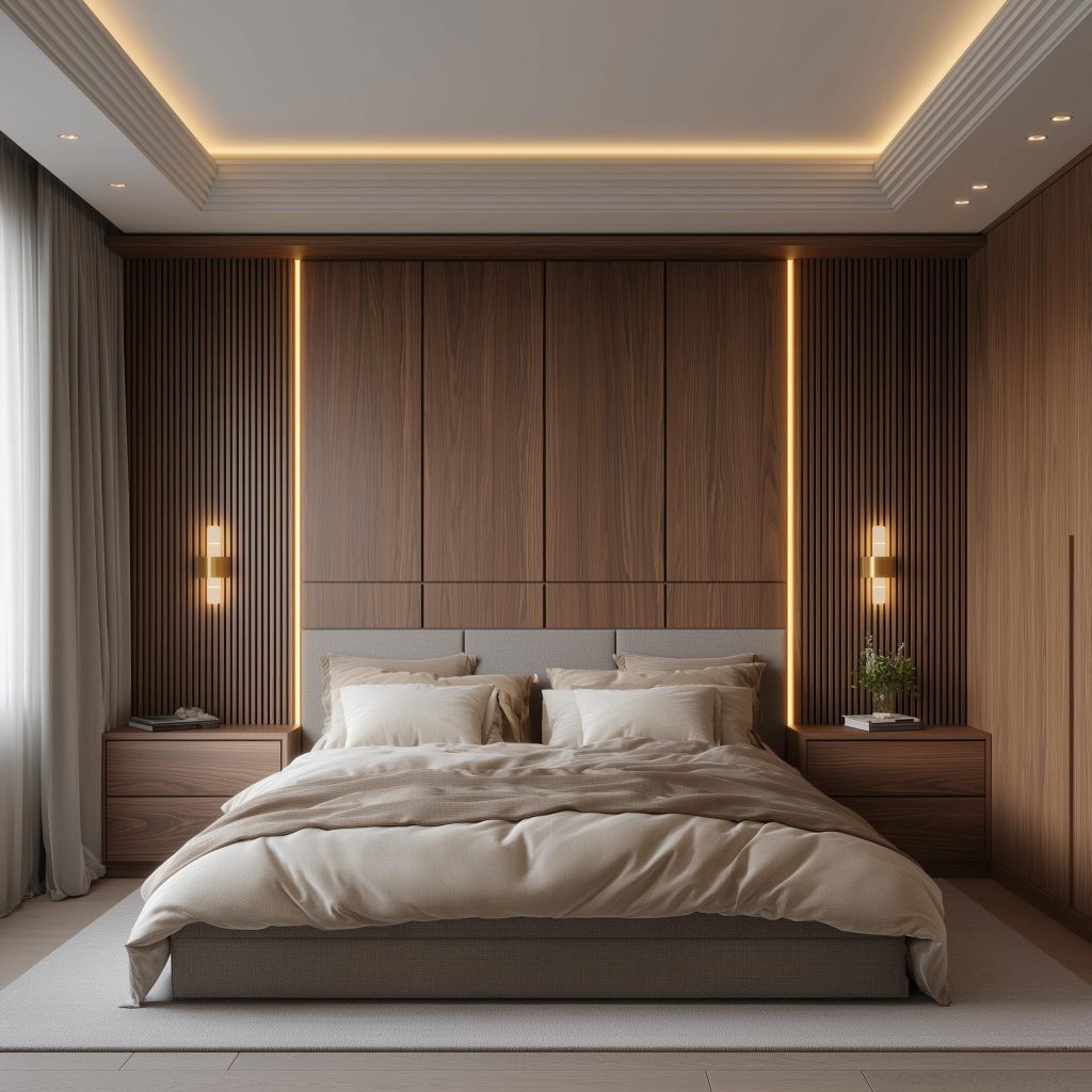 Fluted panel bedroom wall design wood lighting India