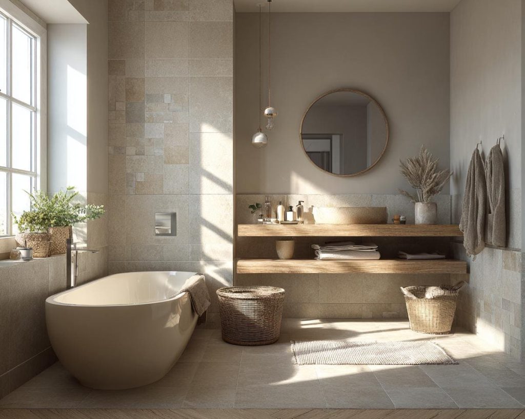 Bathroom interior design humid climate India tiles ventilation