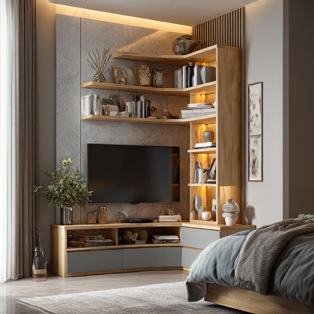 premium corner TV unit backlit shelves living room