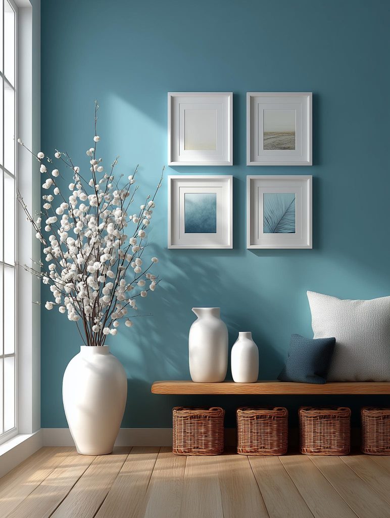  Teal blue hall wall colour combination with white décor