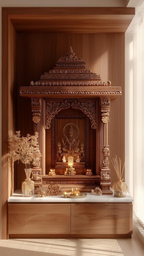 Traditional carved wooden mandir design pooja room India
